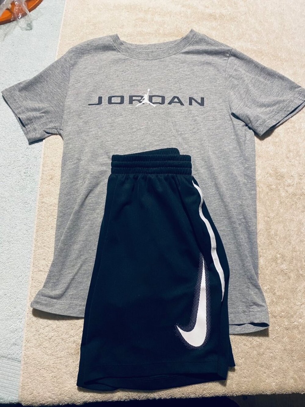 Jordan Kids Gray T-Shirt & Nike Dri-Fit Black Shorts Set Size L (12-13 Yrs) Cott